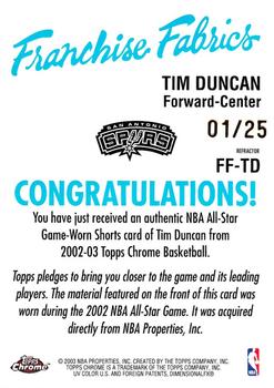 2002-03 Topps Chrome - Franchise Fabric Relics Refractors #FF-TD Tim Duncan Back