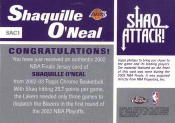 2002-03 Topps Chrome - Shaq Attack Relics #SAC1 Shaquille O'Neal Back