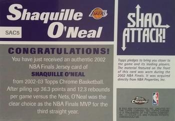 2002-03 Topps Chrome - Shaq Attack Relics Refractors #SAC1 Shaquille O'Neal Back