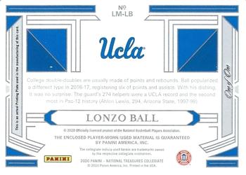 2020 National Treasures Collegiate - Legacy Materials Printing Plates Black #LM-LB Lonzo Ball Back
