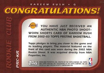 2002-03 Topps Pristine - Rookie Club #PRC-KR Kareem Rush Back