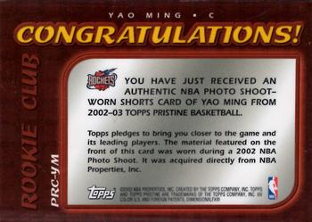 2002-03 Topps Pristine - Rookie Club #PRC-YM Yao Ming Back