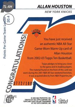 2002-03 Topps Ten - Team Leader Relics #TL-AH Allan Houston Back