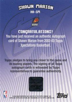 2002-03 Topps Xpectations - Autographs #XA-SM Shawn Marion Back