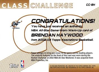 2002-03 Topps Xpectations - Class Challenge Relics #CC-BH Brendan Haywood Back