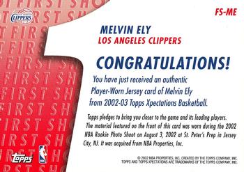2002-03 Topps Xpectations - First Shot Relics #FS-ME Melvin Ely Back