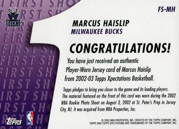 2002-03 Topps Xpectations - First Shot Relics #FS-MH Marcus Haislip Back