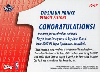 2002-03 Topps Xpectations - First Shot Relics #FS-TP Tayshaun Prince Back