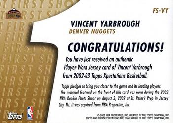 2002-03 Topps Xpectations - First Shot Relics #FS-VY Vincent Yarbrough Back