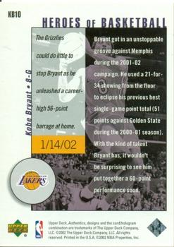 2002-03 UD Authentics - Kobe Bryant Heroes of Basketball #KB10 Kobe Bryant Back