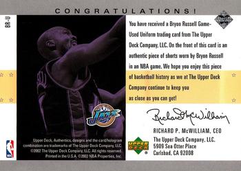 2002-03 UD Authentics - Uniform Greatness #BR-U Bryon Russell Back