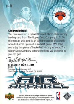 2002-03 Upper Deck - Air Apparel #LS-AA Latrell Sprewell Back