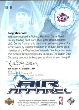 2002-03 Upper Deck - Air Apparel #RH-AA Richard Hamilton Back