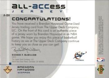 2002-03 Upper Deck - All-Access Jerseys #A-BH Brendan Haywood Back