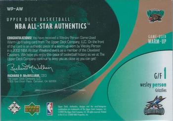 2002-03 Upper Deck - NBA All-Star Authentics: Warm-Ups #WP-AW Wesley Person Back