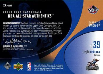 2002-03 Upper Deck - NBA All-Star Authentics: Warm-Ups #ZR-AW Zeljko Rebraca Back
