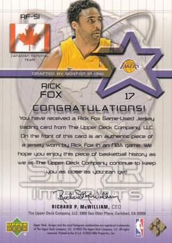 2002-03 Upper Deck - Star Imports Jerseys #RF-SI Rick Fox Back