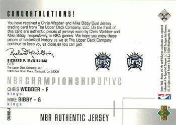2002-03 Upper Deck Championship Drive - 2 Amazing Jerseys #CW/MB-J Chris Webber / Mike Bibby Back