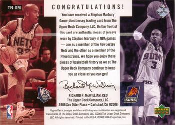 2002-03 Upper Deck Championship Drive - Then and Now Jersey #TN-SM Stephon Marbury Back