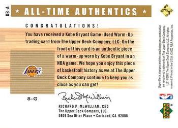 2002-03 Upper Deck Generations - All-Time Authentics #KB-A Kobe Bryant Back