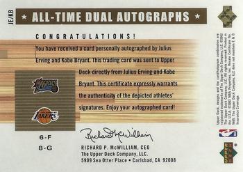 2002-03 Upper Deck Generations - All-Time Dual Autographs #JE/KB Julius Erving / Kobe Bryant Back