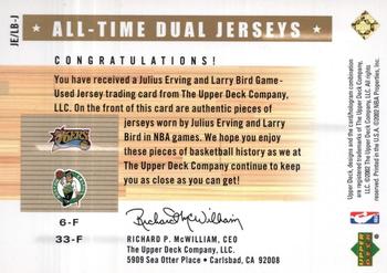 2002-03 Upper Deck Generations - All-Time Dual Jerseys #JE/LB-J Julius Erving / Larry Bird Back