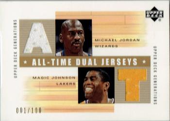 2002-03 Upper Deck Generations - All-Time Dual Jerseys #MJ/MG-J Michael Jordan / Magic Johnson Front