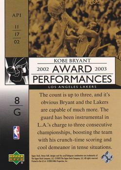 2002-03 Upper Deck Honor Roll - Award Performances #AP1 Kobe Bryant Back