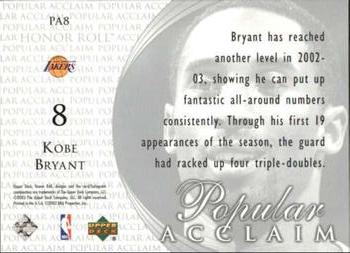 2002-03 Upper Deck Honor Roll - Popular Acclaim #PA8 Kobe Bryant Back