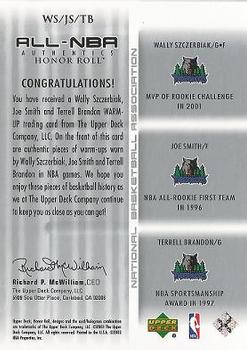 2002-03 Upper Deck Honor Roll - All-NBA Authentics Triple Warm-ups #WS/JS/TB Wally Szczerbiak / Joe Smith / Terrell Brandon Back