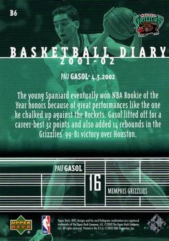 2002-03 Upper Deck MVP - Basketball Diary #B6 Pau Gasol Back