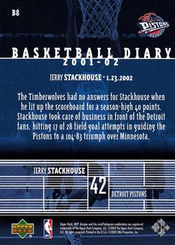 2002-03 Upper Deck MVP - Basketball Diary #B8 Jerry Stackhouse Back