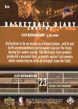 2002-03 Upper Deck MVP - Basketball Diary #B10 Jason Richardson Back