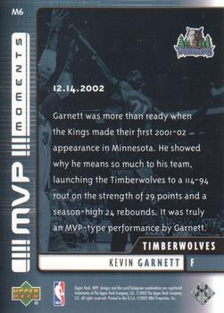 2002-03 Upper Deck MVP - MVP Moments #M6 Kevin Garnett Back