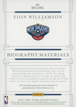 2020-21 Panini National Treasures - Biography Materials Super Prime #BIO-ZWL Zion Williamson Back