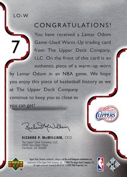 2002-03 Upper Deck Ovation - Authentics Warm-Ups #LO-W Lamar Odom Back