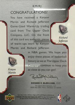 2002-03 Upper Deck Ovation - Authentics Warm-Ups Dual #KM/RJ Kenyon Martin / Richard Jefferson Back