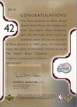 2002-03 Upper Deck Ovation - Authentics Warm-Ups Gold #EB-W Elton Brand Back