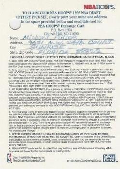 1993-94 Hoops - '93 NBA Draft Lottery Pick Redemption #NNO Exchange Card Back