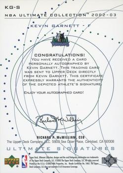 2002-03 Upper Deck Ultimate Collection - Signatures #KG-S Kevin Garnett Back