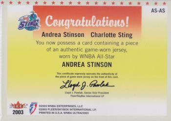 2003 Ultra WNBA - All-Star Review Material #AS-AS Andrea Stinson Back