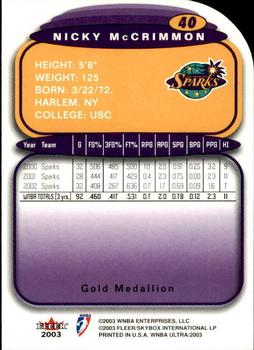2003 Ultra WNBA - Gold Medallion #40 Nicky McCrimmon Back