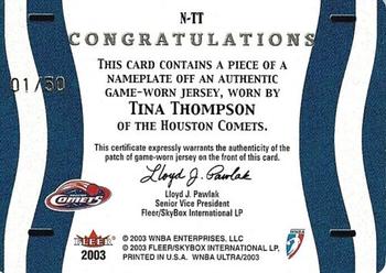 2003 Ultra WNBA - Nameplates #N-TT Tina Thompson Back