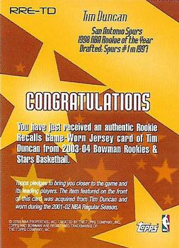 2003-04 Bowman - Rookie Recalls #RRE-TD Tim Duncan Back