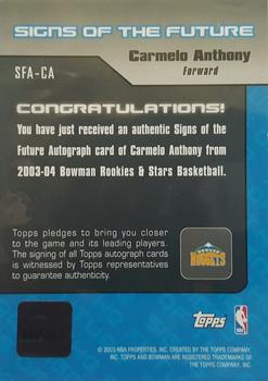 2003-04 Bowman - Signs of the Future #SFA-CA Carmelo Anthony Back