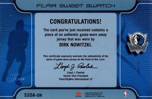 2003-04 Flair - Sweet Swatch Jumbos Away #SSOA-DN Dirk Nowitzki Back