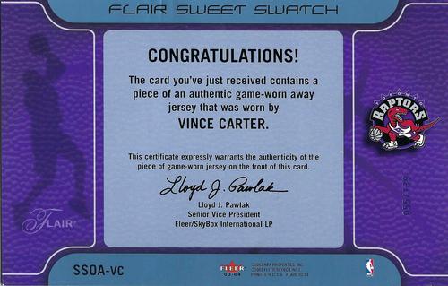 2003-04 Flair - Sweet Swatch Jumbos Away #SSOA-VC Vince Carter Back