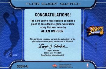 2003-04 Flair - Sweet Swatch Jumbos Home #SSOH-AI Allen Iverson Back