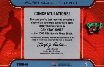 2003-04 Flair - Sweet Swatch Jumbos Home #SSOH-DJ Dahntay Jones Back