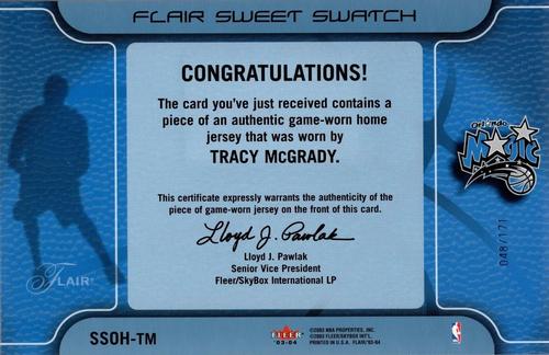 2003-04 Flair - Sweet Swatch Jumbos Home #SSOH-TM Tracy McGrady Back